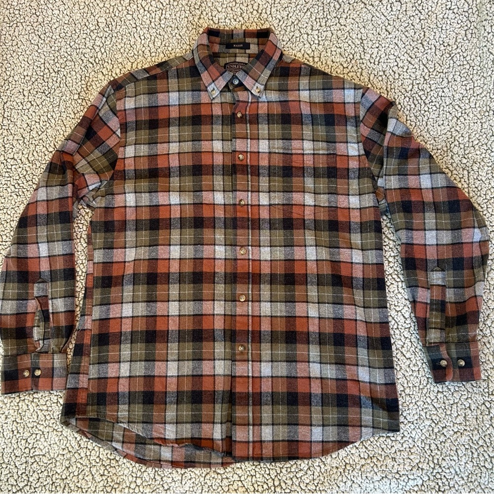 Pendleton Shirt Mens Large Plaid Flannel Button Down Brown Green Mason Cotton